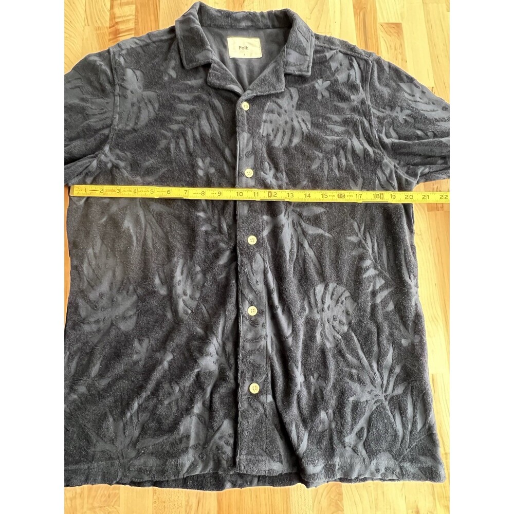 Folk Men's Textured Terry Cloth Button Up Tropical Print Navy Size 3, Medium - Picture 6 of 7